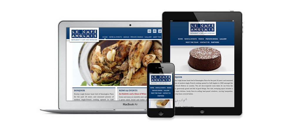 Le Café Anglais home page on dektop, mobile and tablet